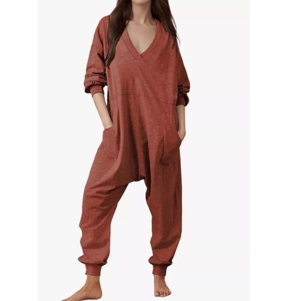 Womens Loose Fit Baggy Jumpsuit ‎ Long Sleeve Rust Size M Loungy Comfy